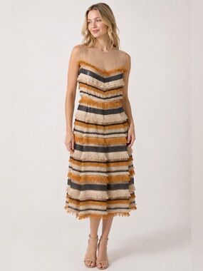 Eva Mendes Fringe Sequin Tiered Midi Dress Size 6 Boho Glam Statement Dress